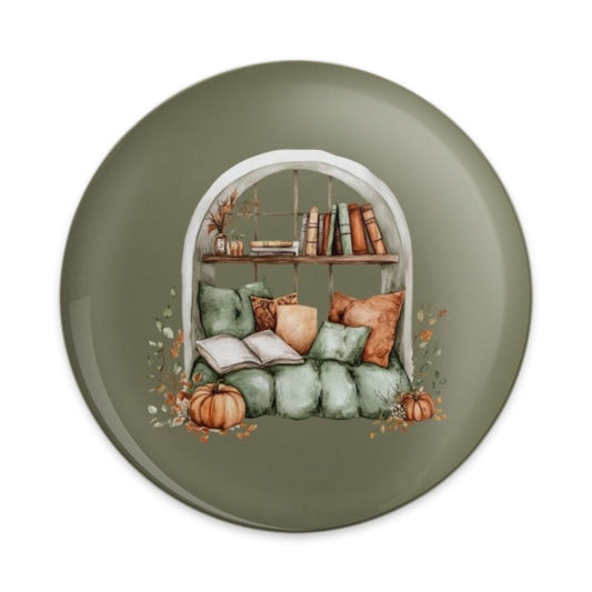 Cozy Reading Nook Pinback Button, Fall Decor Pin, Autumn Reading Spot Badge, Book Lover Gift, Pumpkin Patch Pin, Cozy Autumn Scene - Tawshia