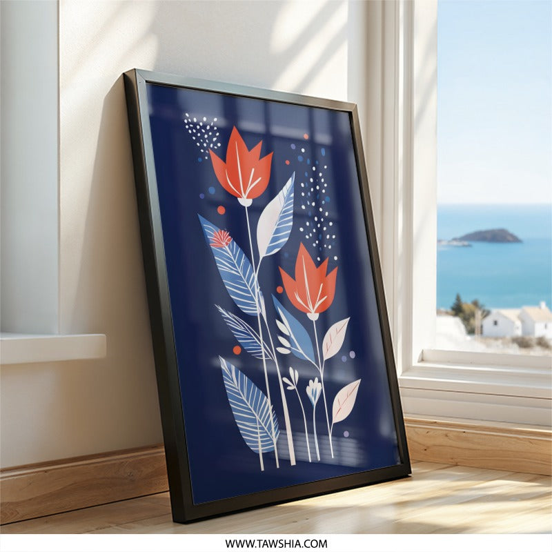 Modern Floral Art, Abstract Flower Wall Art, Contemporary Art Print, Botanical Wall Decor, Red Tulip Painting, Blue Wall Art, Home Decor - Tawshia