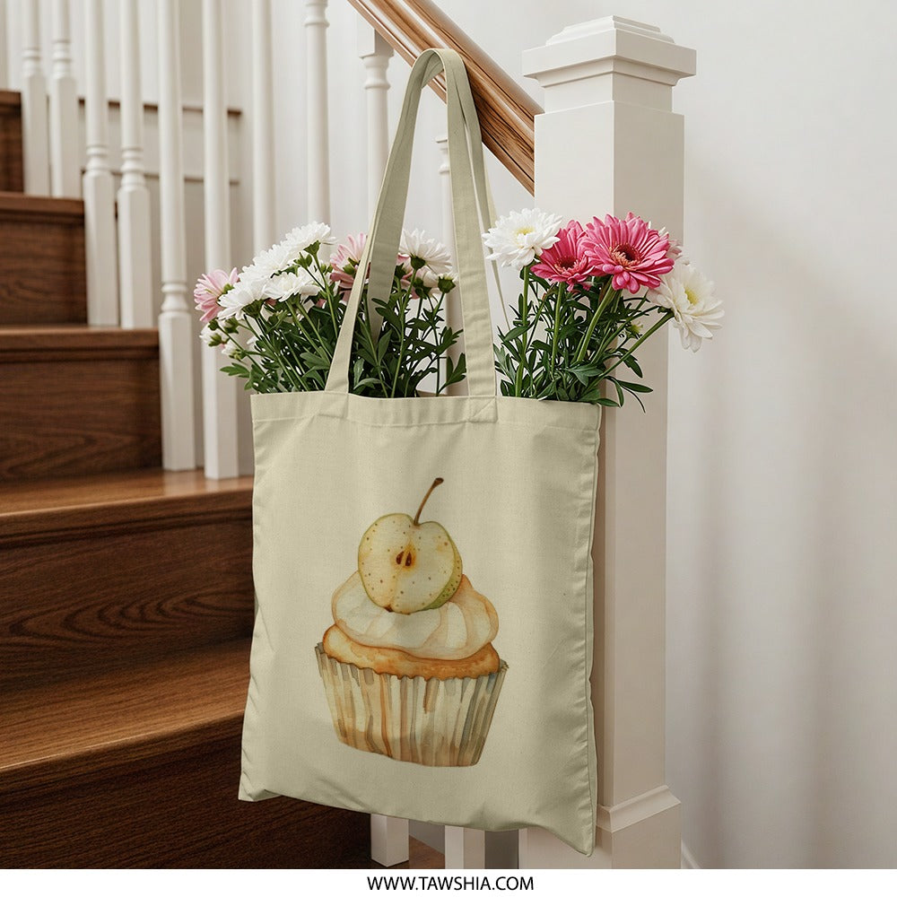 Cupcake Pear Tote Bag, Watercolor Dessert Bag, Sweet Treat Illustration, Foodie Gift, Unique Grocery Bag, Reusable Shopping Bag - Tawshia