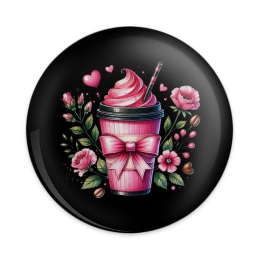 Pink Coffee Pinback Button, Floral Drink Button, Coffee Lover Gift, Cute Button, Valentine's Day Button, Trendy Button, Aesthetic Button - Tawshia
