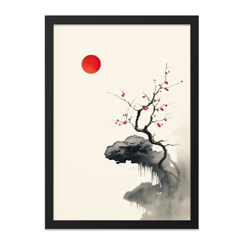 Japanese Wall Art, Cherry Blossom Tree, Zen Print, Red Sun Art, Minimalist Home Decor, Oriental Artwork, Serene Landscape - Tawshia