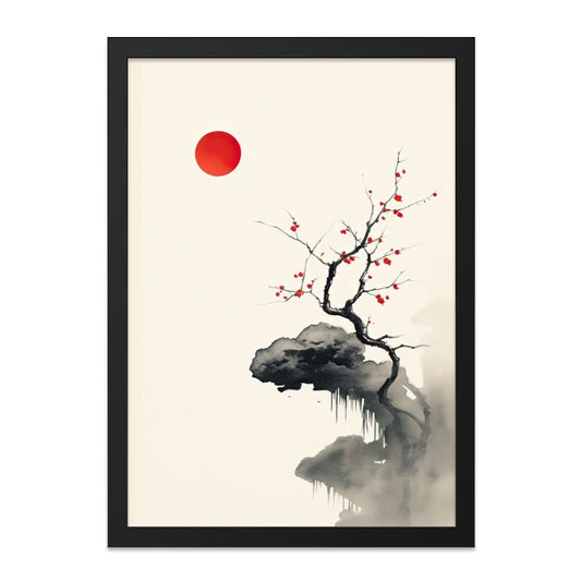 Japanese Wall Art, Cherry Blossom Tree, Zen Print, Red Sun Art, Minimalist Home Decor, Oriental Artwork, Serene Landscape - Tawshia