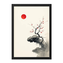 Japanese Wall Art, Cherry Blossom Tree, Zen Print, Red Sun Art, Minimalist Home Decor, Oriental Artwork, Serene Landscape - Tawshia