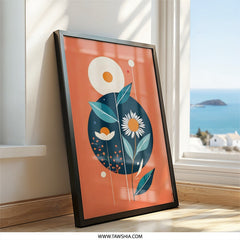 Floral Wall Art Print, Modern Flower Art, Abstract Botanical Decor, Geometric Wall Decor, Orange and Blue Wall Art, Minimalist Art Print - Tawshia