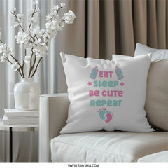 Eat Sleep Be Cute Repeat Pillow, Newborn Gift, Baby Room Decor, Nursery Pillow, New Parent Gift, Baby Shower Decor, Baby Feet Pillow - Tawshia