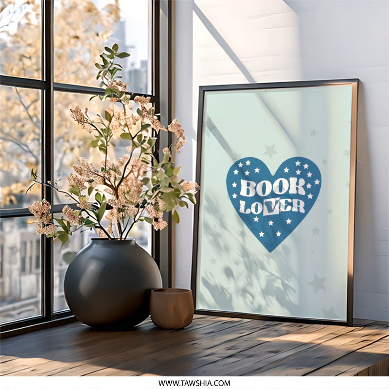 Book Lover Framed Wall Art, Heart with Stars, Reading Art, Bookworm Decor, Library Art, Gift for Readers, Home Decor, Ready to Hang - Tawshia