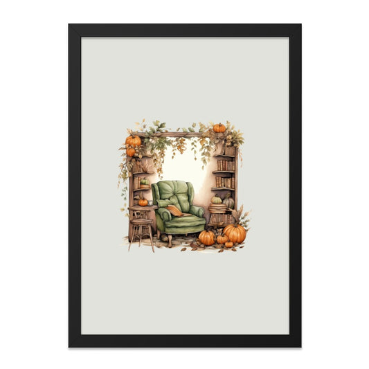 Cozy Autumn Reading Nook Wall Art, Pumpkin Bookshelf Print, Fall Home Decor, Seasonal Art, Wingback Chair, Book Lover Gift - Tawshia