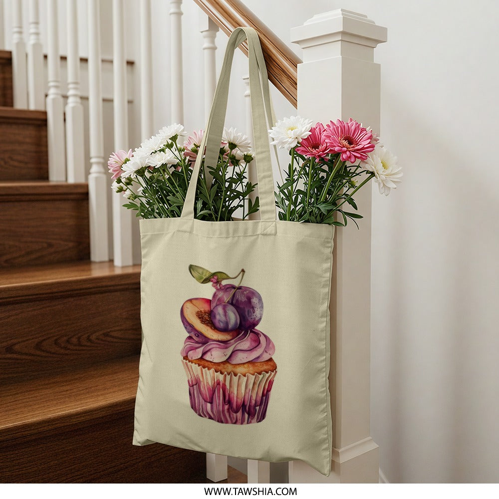 Plum Cupcake Tote Bag, Fruit Dessert Bag, Purple Sweet Treat Bag, Cute Pastry Handbag, Watercolor Tote Bag, Unique Foodie Gift - Tawshia