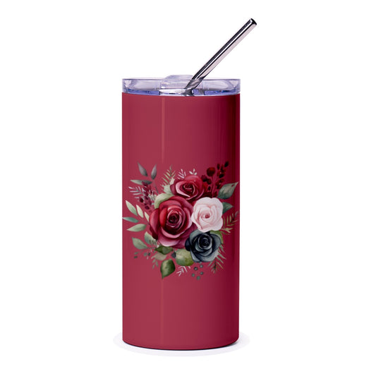 Floral Tumbler, Burgundy Tumbler, Rose Tumbler, Flower Tumbler, Elegant Tumbler, Gift for Her, Floral Tumbler Gift, Tumbler with Straw - Tawshia