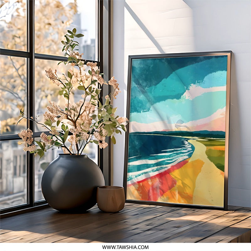 Abstract Beach Painting, Coastal Wall Art, Seascape Print, Modern Art Decor, Beach House Art, Ocean View, Home Decor, Framed Wall Art - Tawshia