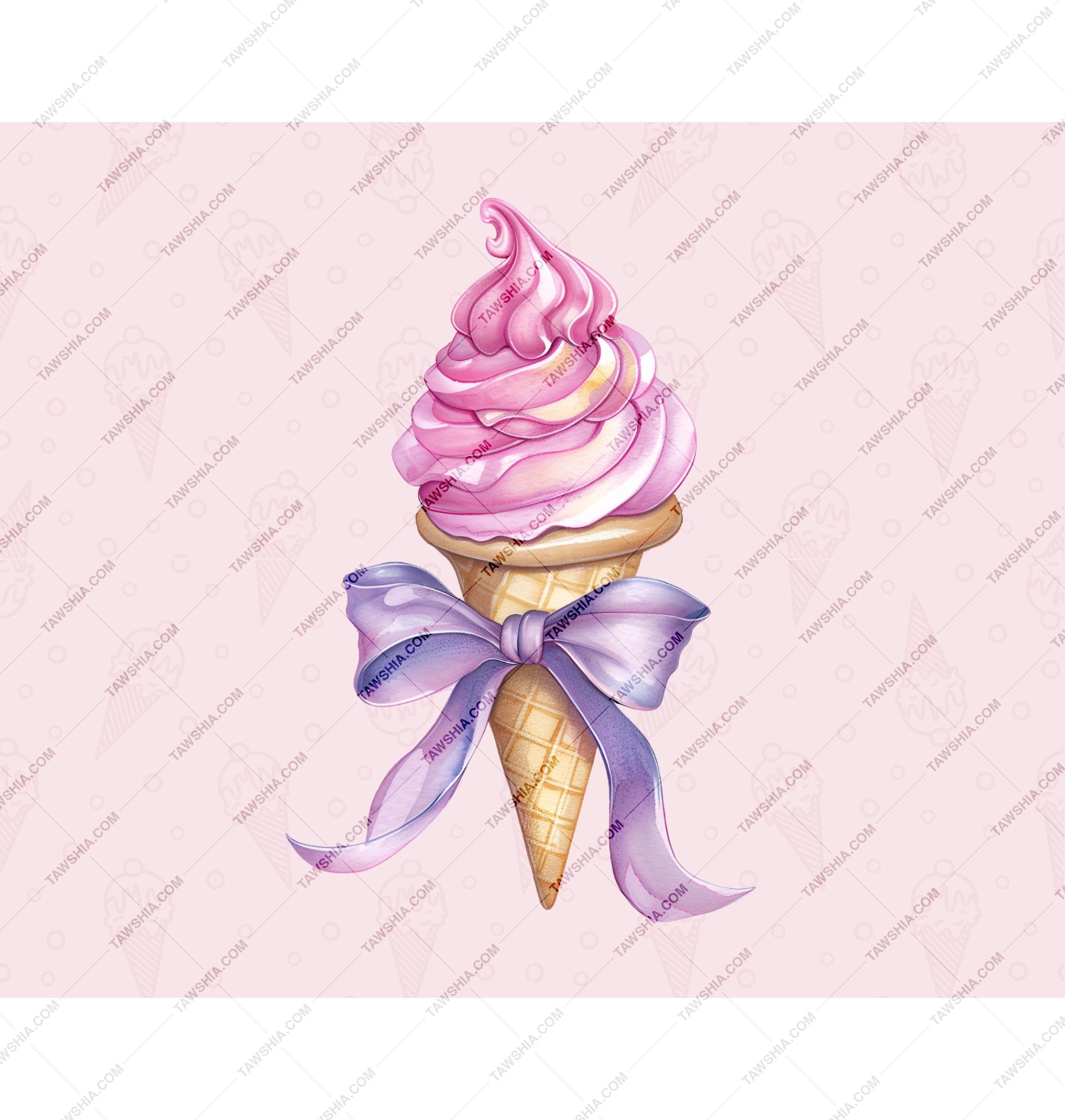 Pink Ice Cream Cone with Purple Bow Illustration product