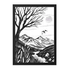 Black and White Landscape Wall Art, Mountain Scenery Print, Nature Artwork, Minimalist Decor, Tree and Birds, Framed Art Print, Wall Decor - Tawshia