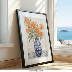 Orange Flowers Wall Art, Floral Still Life Print, Vase and Tablecloth Decor, Kitchen Wall Decor, Botanical Art Print - Tawshia