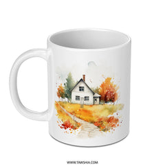 Cozy Autumn Home Mug, Watercolor House Coffee Mug, Fall Decor Mug, Farmhouse Mug, Autumn Landscape Mug, House Illustration Mug - Tawshia