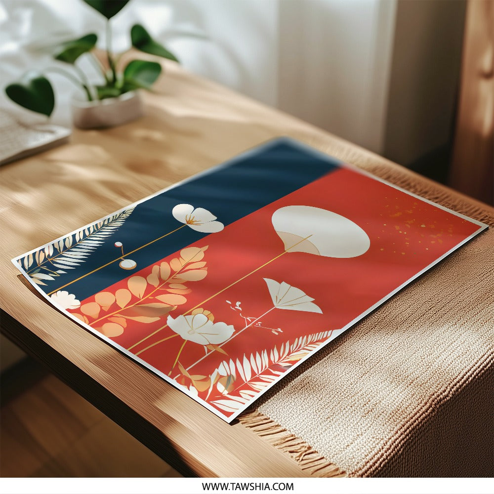 Floral Photographic Print, Red and Blue Wall Art, Modern Flower Art, Botanical Home Decor, Minimalist Print, Flower Illustration - Tawshia