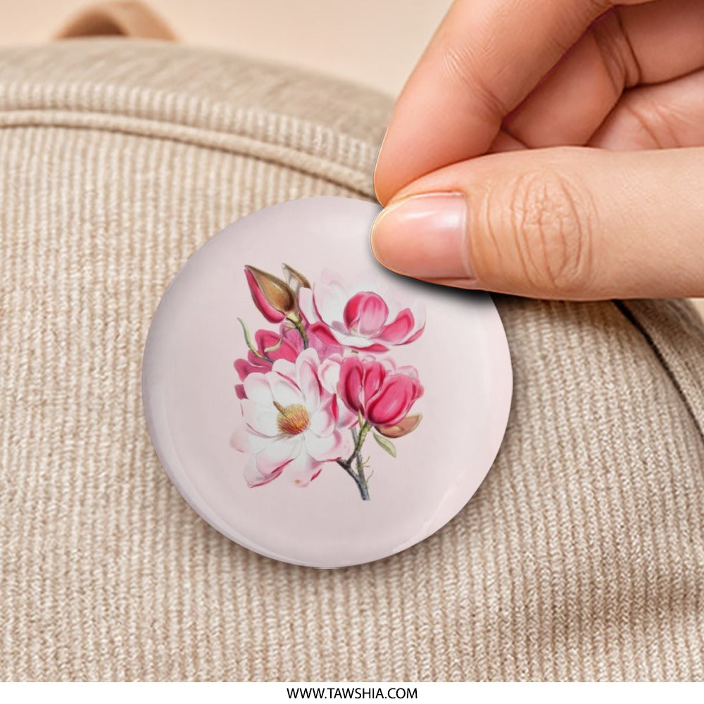 Pink Magnolia Pinback Button, Floral Pinback Button, Flower Badge, Botanical Illustration Pin, Trendy Aesthetic Button, Gift for Flower - Tawshia