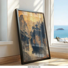 Oriental Waterfall Wall Art, Japanese Pagoda Art, Asian Landscape Print, Mountain Temple Poster, Peaceful Scenery Artwork - Tawshia