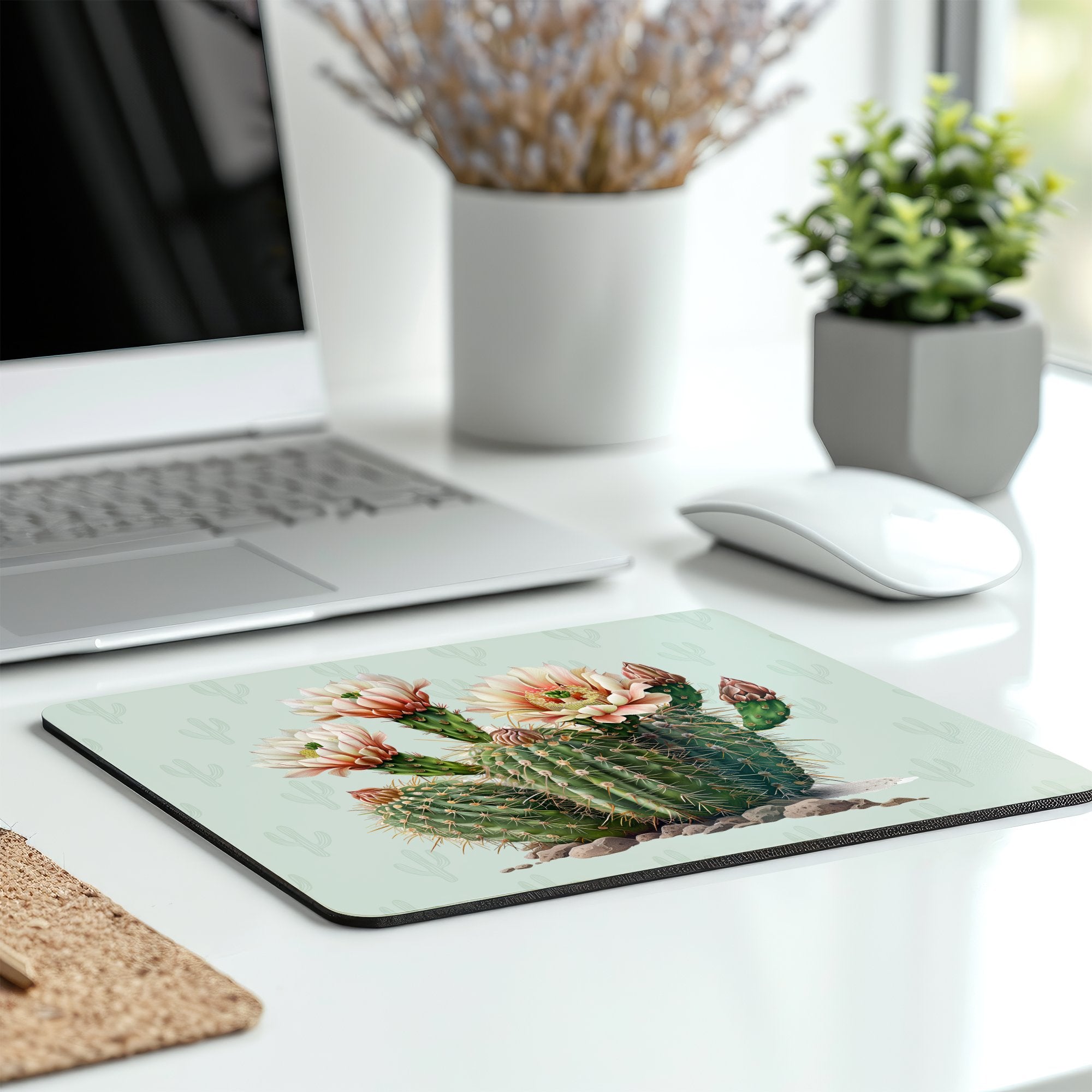 Floral Cactus Design on Desktop Mouse Pad product