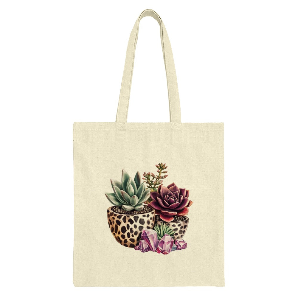 Succulent Tote Bag, Crystal Accent, Cute Plant Bag, Trendy Tote, Unique Design Bag, Everyday Bag, Gift Idea, Reusable Bag (132) - Tawshia