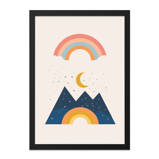 Modern Mountain Wall Art, Rainbow Print, Boho Nursery Decor, Celestial Landscape, Kids Room Decor, Minimalist Art Print, Framed Art - Tawshia