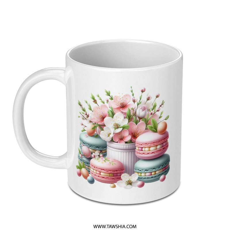 Easter Macaron Mug, Spring Floral Coffee Mug, Macaron Flowers Cup, Easter Egg Mug, Colorful Spring Gift Idea, Dessert Theme Mug - Tawshia