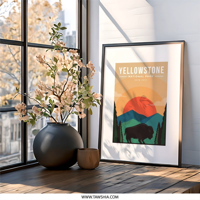Yellowstone Wall Art, National Park Poster, Bison Art Print, Landscape Wall Decor, Travel Art Print, Nature Artwork - Tawshia