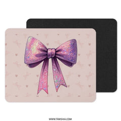 Pink Bow Mouse Pad, Cute Desk Accessory, Girly Office Decor, Sparkly Ribbon Mousepad, Unique Gift for Her, Aesthetic Mouse Mat - Tawshia