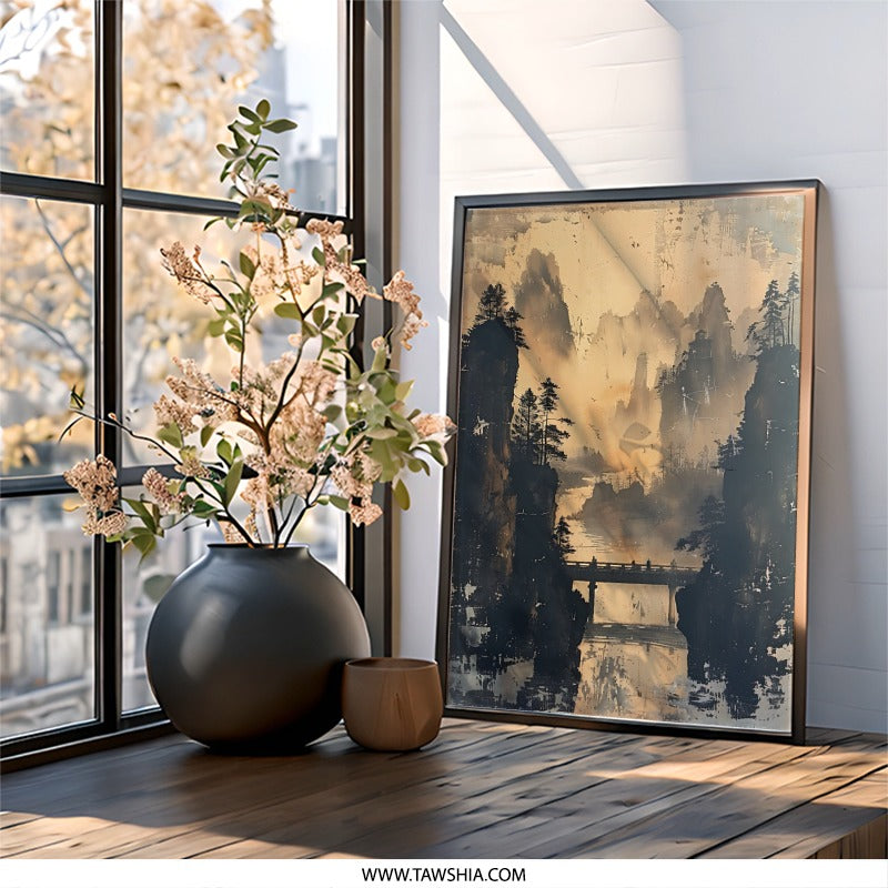 Asian Landscape Wall Art, Bridge Over Water Print, Mountain Scene, Scenic Vista Wall Decor, Serene Asian Art - Tawshia