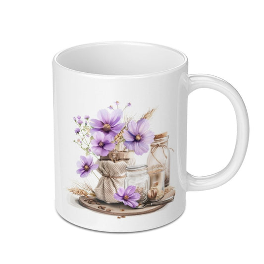 Purple Floral Mug, Flower and Jars Mug, Cottagecore Decor Mug, Nature Inspired Coffee Mug, Gift for Her, Coffee Lover Mug - Tawshia