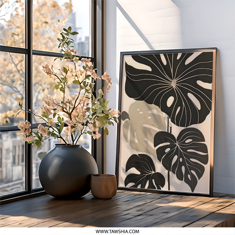 Monstera Leaf Wall Art, Tropical Plant Print, Modern Botanical Art, Black Beige Leaves, Home Decor, Nature Wall Decor - Tawshia