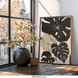 Monstera Leaf Wall Art, Tropical Plant Print, Modern Botanical Art, Black Beige Leaves, Home Decor, Nature Wall Decor - Tawshia