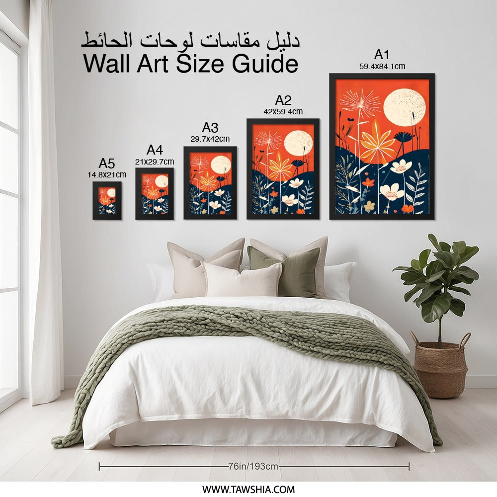 Botanical Wall Art, Retro Floral Print, Orange and Blue Decor, Abstract Flower Landscape, Modern Art Print, Home Decor, Gift Idea - Tawshia