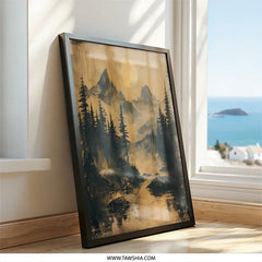 Mountain Moon Wall Art, Forest Landscape Print, Nature Artwork, Atmospheric Decor, Golden Moon Art Print, Wilderness Wall Decor - Tawshia