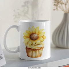 Sunflower Cupcake Mug, Floral Mug, Cute Mug, Unique Mug, Coffee Mug, Tea Mug, Gift Mug, Birthday Gift, Kitchen Decor, Best Seller SKU: MG10004200 - Tawshia