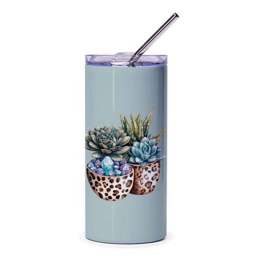 Succulent Tumbler, Leopard Print Planters, Crystal Accent, Plant Lover Gift, Stylish Tumbler, Unique Design Tumbler - Tawshia