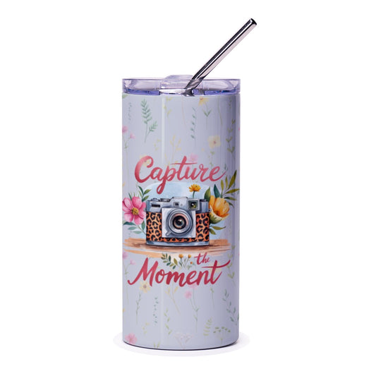 Capture the Moment Tumbler, Camera Design Tumbler, Floral Tumbler, Photographer Gift, Photo Lover Gift, Unique Tumbler, Trendy Drinkware - Tawshia