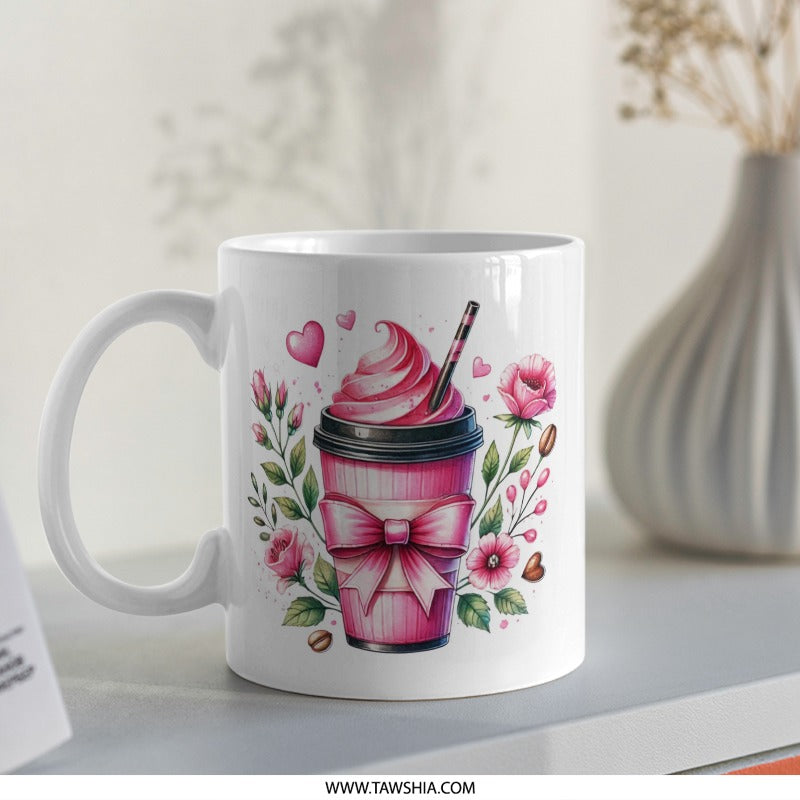 Pink Drink Mug, Floral Coffee Cup, Latte Art, Cute Coffee Mug, Gift for Her, Coffee Lover Gift, Unique Mug Design, Tea Cup, Gift Mug - Tawshia