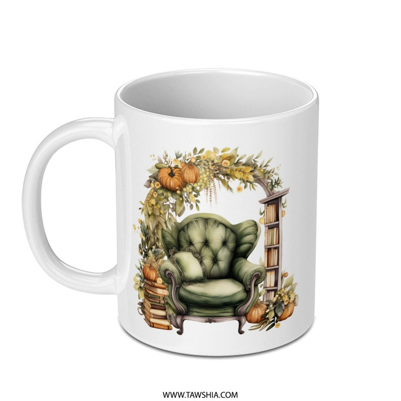 Autumn Reading Nook Mug, Cozy Chair Coffee Mug, Book Lover Gift Mug, Fall Decor Mug, Pumpkin and Books Mug, Thanksgiving Mug - Tawshia