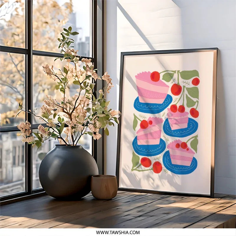 Cherry Cake Wall Art, Sweet Treat Print, Foodie Decor, Colorful Kitchen Art, Dessert Illustration, Modern Wall Art, Gift Idea - Tawshia