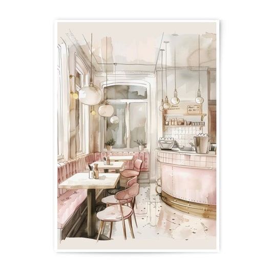 Cafe Photographic Print, Watercolor Art, Coffee Shop Decor, Restaurant Wall Art, Pink Interior, Cozy Bistro Illustration - Tawshia