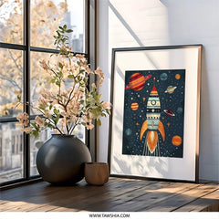 Rocket in Space Wall Art, Kids Room Decor, Outer Space Theme, Nursery Wall Art, Galaxy Art Print, Space Exploration Art, Cosmic Decor - Tawshia