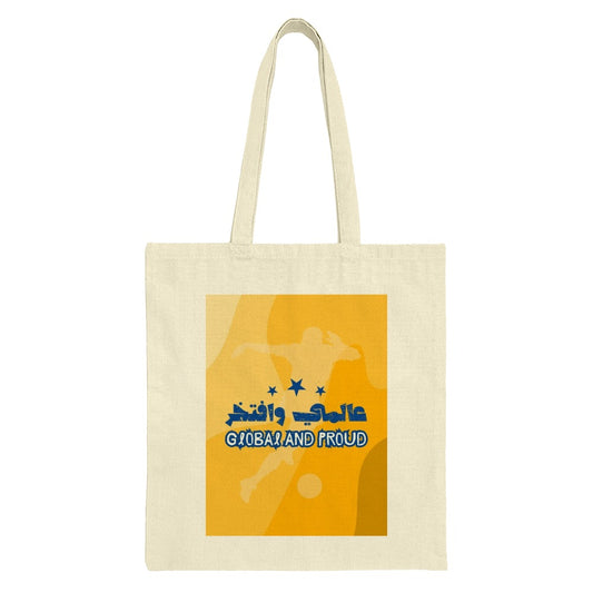 Global and Proud Tote Bag, Athlete Graphic Art, Motivational Arabic Script, Stars Design, Stylish Carryall, Reusable Shopping Bag - Tawshia