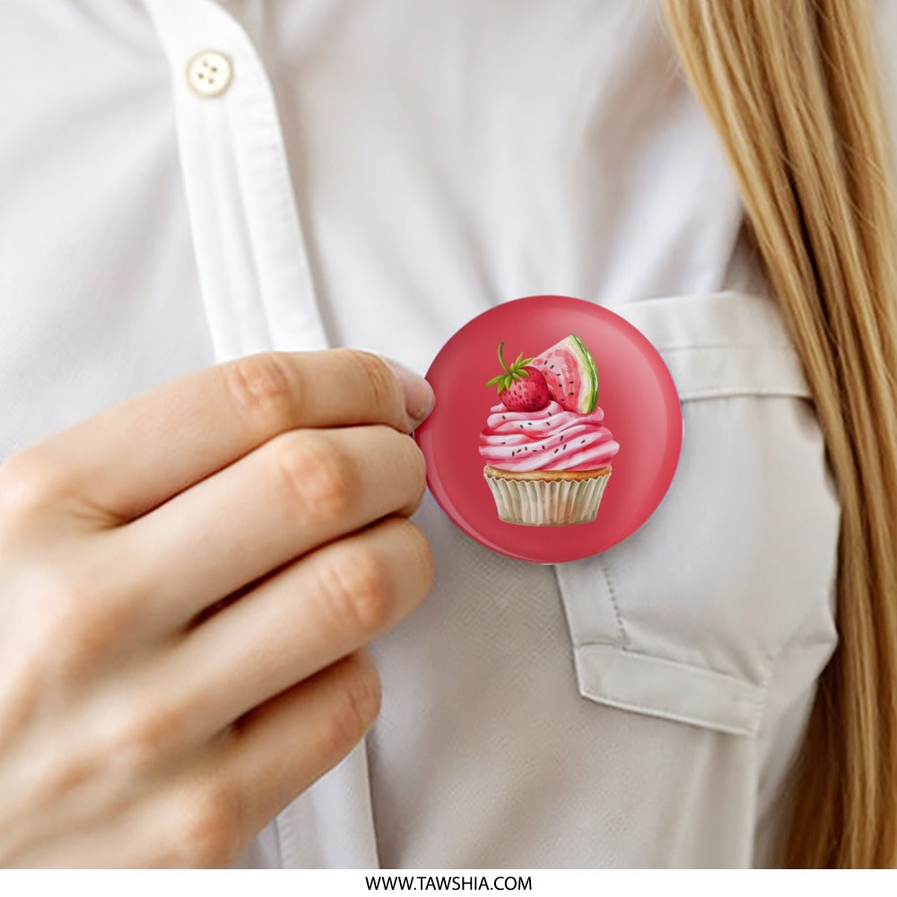 Cupcake Pinback Button, Strawberry and Watermelon Topping Button, Cute Dessert Button, Food Lover Pin, Unique Sweet Treat Pin - Tawshia