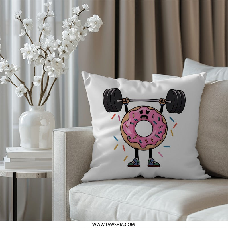 Donut Gym Bro Pillow, Funny Lifting Decor, Weightlifting Throw Pillow, Novelty Home Decor, Pink Donut Design - Tawshia