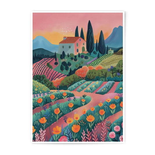 Tuscan Landscape Photographic Print, Italy Farmhouse Art, Colorful Italian Countryside Wall Decor, Floral Field Art, House and Trees Print - Tawshia