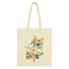 Floral Ship Wheel Tote Bag, Nautical Flower Print Tote Bag, Boho Beach Bag, Coastal Style Handbag, Gift For Sailor, Aesthetic Tote Bags - Tawshia