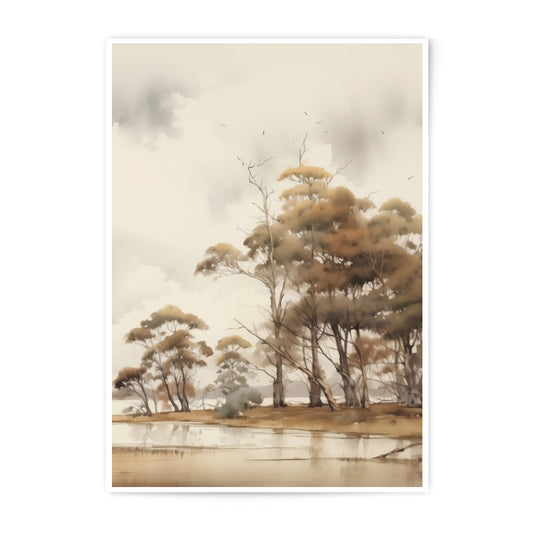 Watercolor Landscape Photographic Prints, Lakeside Trees Wall Decor, Fine Art Nature Prints, Rustic Home Decor, Neutral Tones Print - Tawshia