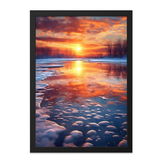 Winter Sunset Wall Art, Frozen River Print, Landscape Photography, Warm Color Decor, Nature Painting, Scenic Home Decor - Tawshia