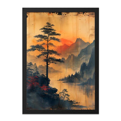 Japanese Pine Tree, Landscape Wall Art, Mountain Sunrise Art, Nature Print, Calm Scenery Painting, Zen Decor, Asian Inspired Artwork - Tawshia