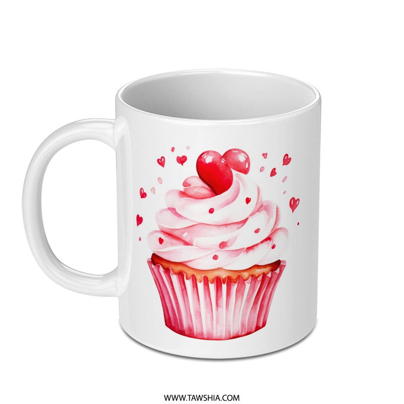 Cupcake Mug, Watercolor Design, Heart Decor, Sweet Treat, Valentines Day Gift, Coffee Lover Gift, Unique Mug, Novelty Gift, Dessert Mug - Tawshia